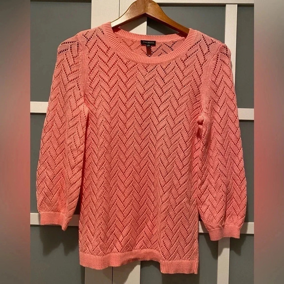 Talbots Linen Blend Pointelle Crewneck Loose Knit Sweater Coral Women’s XS NWT - Picture 3 of 12